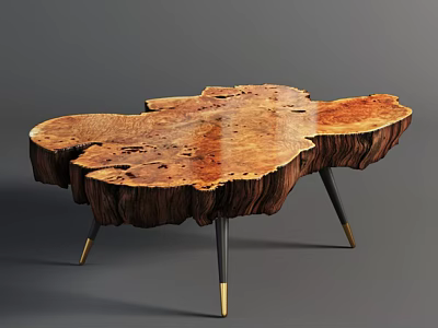 Natural Rustic Coffee Table With Irregular Wooden Stump Top Metal Legs Gold Accents 3d model
