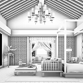 Chinese Style Hotel Guest Room Featuring Wooden Ceiling Chandelier Wooden Furniture Sofa Bed Screen Carpet