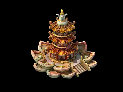 Traditional Multi Tiered Pagoda with Golden Decorations Lotus Shaped Base and Stone Stairs 3d model