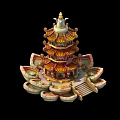 Traditional Multi Tiered Pagoda with Golden Decorations Lotus Shaped Base and Stone Stairs