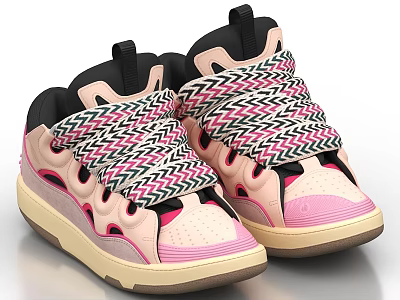 Stylish Pink And Black Shoes With Woven Herringbone Pattern Laces And Beige Sole 3d model