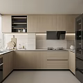 Modern Kitchen Interior With Light Wood Cabinets Black Appliances And Window Blinds
