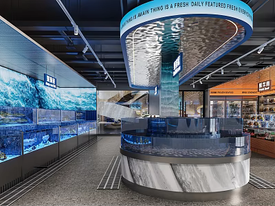 Fresh Seafood Retail Display Area With Large Aquariums Circular Marble Counter And Ceiling Sign 3d model