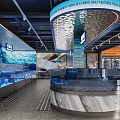 Fresh Seafood Retail Display Area With Large Aquariums Circular Marble Counter And Ceiling Sign