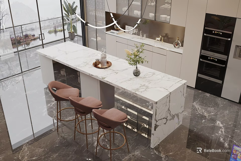 Modern Open Concept Restaurant Interior With Island Counter And Bar Stools 3d model