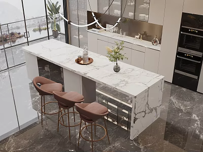 Modern Open Concept Restaurant Interior With Island Counter And Bar Stools 3d model