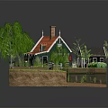Cartoon Scene Featuring Green House With Red Roof Weeping Willow Small Bridge And Pond