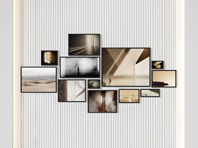 Creative Photo Wall with Various Sized Frames and Black White Photos on Striped Background 3d model