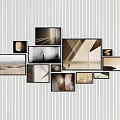 Creative Photo Wall with Various Sized Frames and Black White Photos on Striped Background