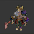 Horned Demon Creature With Muscular Body Blue Glowing Arms Purple Skin And Axe
