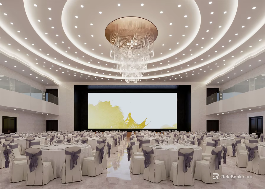 Spacious Banquet Hall With Large Screen Chandelier Circular Ceiling White Tables And Purple Chair Sashes 3d model 