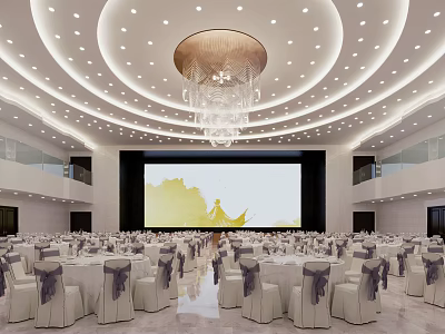 Spacious Banquet Hall With Large Screen Chandelier Circular Ceiling White Tables And Purple Chair Sashes 3d model