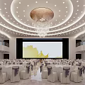 Spacious Banquet Hall With Large Screen Chandelier Circular Ceiling White Tables And Purple Chair Sashes