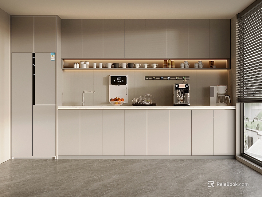 Modern Kitchen Interior With Gray Cabinets Refrigerator Coffee Machine Countertop And Window 3d model 