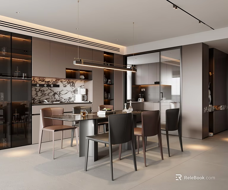 Modern Restaurant Interior With Dining Table Chairs Pendant Lighting And Cabinets 3d model