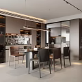 Modern Restaurant Interior With Dining Table Chairs Pendant Lighting And Cabinets 3d model