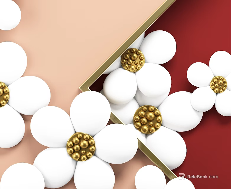 Commercial Equipment With White Flowers Golden Centers And Frames On Red Beige Background 3d model 