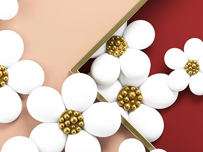Commercial Equipment With White Flowers Golden Centers And Frames On Red Beige Background 3d model