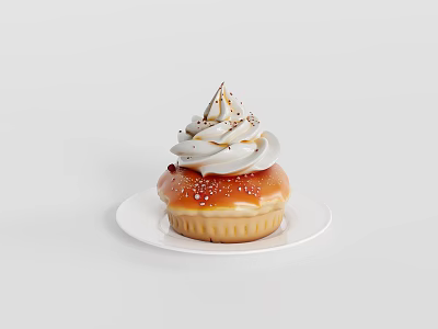 Delicious Cupcake Topped With Whipped Cream Caramel Drizzle And Sugar Sprinkles On White Plate 3d model
