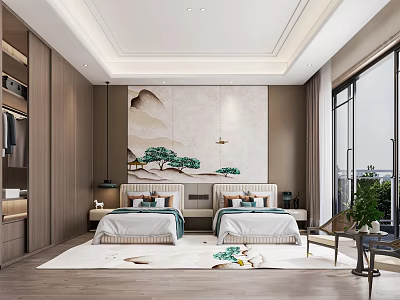Modern Oriental Bedroom Interior With Twin Beds Landscape Painting Backdrop Wooden Elements And Large Windows 3d model