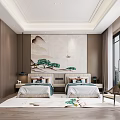 Modern Oriental Bedroom Interior With Twin Beds Landscape Painting Backdrop Wooden Elements And Large Windows