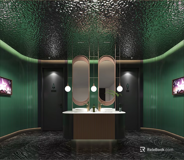 Other Restroom Interior With Green Walls Black Floor And Double Vanity Design 3d model 