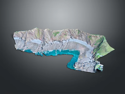 Realistic 3D Terrain Model Featuring Crater Blue Water Mountains and Green Areas 3d model