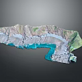 Realistic 3D Terrain Model Featuring Crater Blue Water Mountains and Green Areas