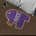 Purple Cartoon Shaped Rug With Nice Lettering And Yellow Border For Bedroom Wooden Floor
