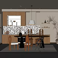 Modern Restaurant With Wooden Cabinets Patterned Tile Backsplash Dining Table Chairs Pendant Light And Plant