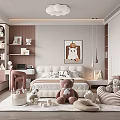 Cozy Pink And White Kids Room With Stuffed Toys Bookshelves Bed And Chandelier Rug