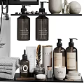 Bathroom Shelves Organized With Daily Care Products Hair Dryer Towels And Relax Print