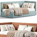 Soft Upholstered Children's Bed With Cartoon Pattern Pillows And Cozy Beige Blanket
