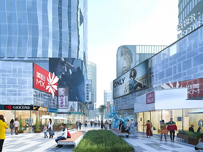 Bustling Commercial Street With High Rise Buildings Shops Large Screen Ads Pedestrians And Greenery 3d model