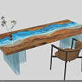 Modern Tea Table with Wood Grain Blue Resin Top Metal Legs and Brown Chair
