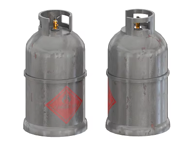 Two Old Industrial Gray Gas Cylinders With Red Warning Signs 3d model