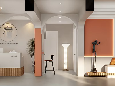 Boutique Guesthouse Interior Design With Arched Doorways Reception Desk Floor Lamp Sculpture And Potted Plant 3d model