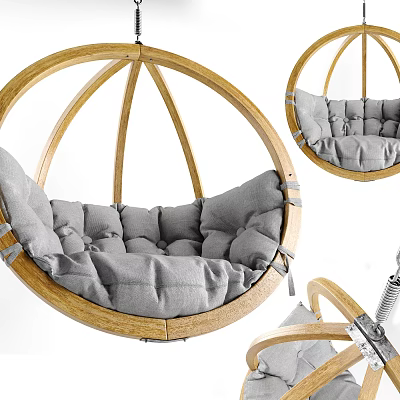 Round Wooden Frame Hanging Chair with Gray Cushion for Cozy Indoor Seating Experience 3d model