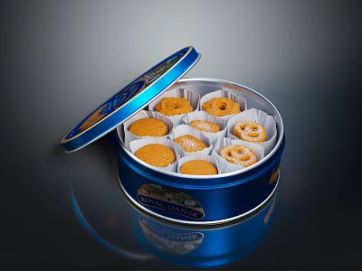 Various Shaped Cookies Inside Blue Tin Box With Open Lid 3d model