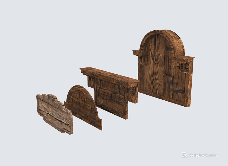 Rustic Wooden Public Facilities Featuring Bench Arch Door And Fence Structures 3d model