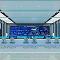 Modern High Tech Control Room Interior With Large Screens Data Charts And Control Desks 3d model