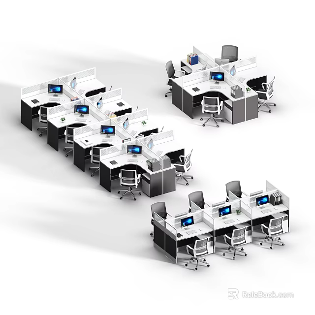 Modern Partitioned Office Desks Setup With Multiple Workstations Computers And Chairs 3d model