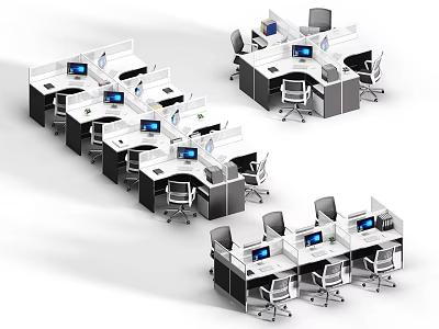 Modern Partitioned Office Desks Setup With Multiple Workstations Computers And Chairs 3d model