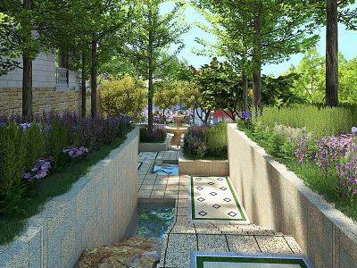Scenic Park Landscape With Lush Green Trees Stone Path And Colorful Flower Beds 3d model