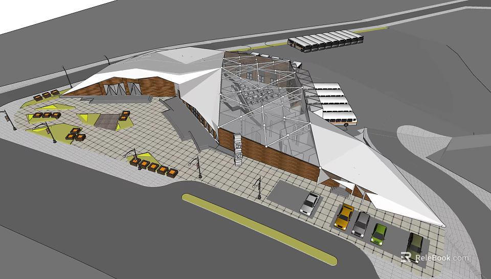 Modern Architectural Exterior Design With Geometric Roof Structure Parking Spaces And Driveway 3d model 