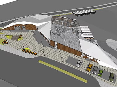 Modern Architectural Exterior Design With Geometric Roof Structure Parking Spaces And Driveway 3d model