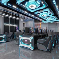 Modern Internet Cafe Interior With Glass Walls Gaming Chairs And Computers
