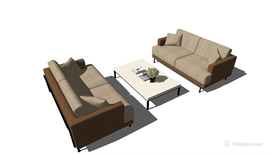 Modern Beige Cushioned Sofa With Brown Woven Frame And White Coffee Table Set 3d model