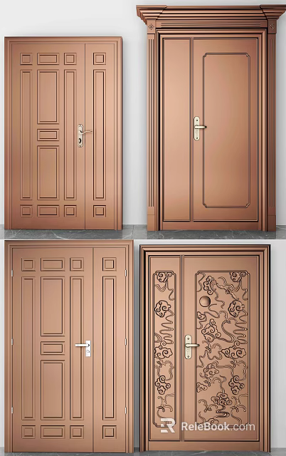 Modern Copper Double Door With Main And Auxiliary Panels And Carved Patterns 3d model