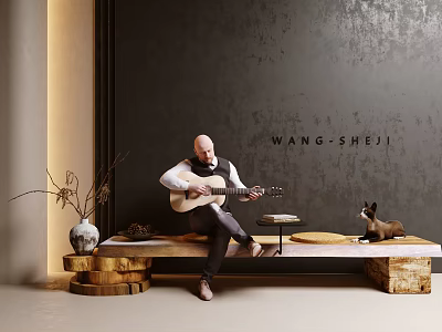 Man Playing Guitar On Wooden Bench With Cat Decorative Vase And Wang Sheji Wall 3d model